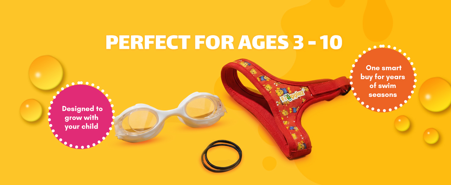 Red fabric swim goggle strap adjusted for a small fit for kids ages 3 to 5