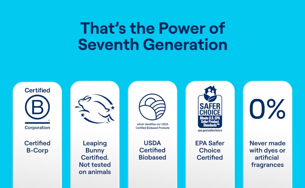 Seventh Generation Certified B Corp, Leaping Bunny, USDA Biobased, EPA Safer Choice.