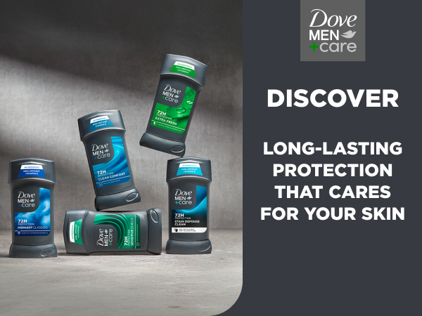 Full range of Dove Men+Care Deodorant Sticks and text about long-lasting protection for your skin.