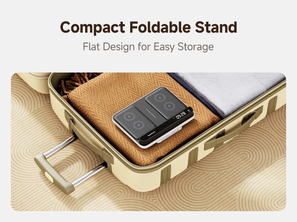 Compact foldable stand with flat design for easy storage. Features a beige frame with a black device resting on a textured surface, showcasing its slim profile and portability.