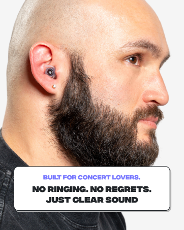 Man with Zound earplug in with copy: No ringing. No regrets. Just Clear Sound.