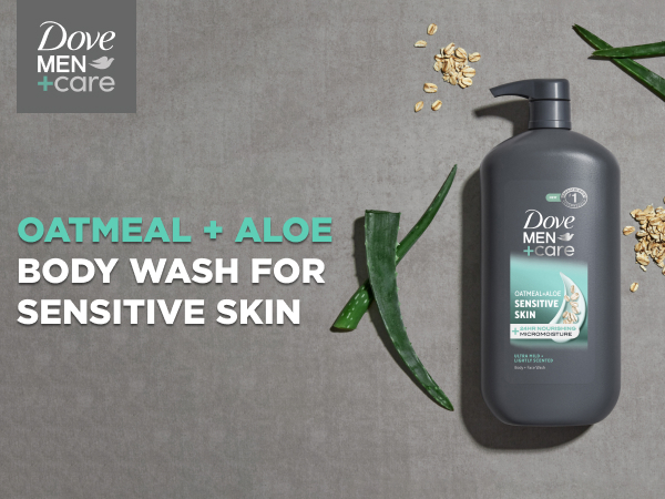 Dove Men+Care Oatmeal &amp; Aloe body wash with oats and aloe leaves on a textured gray surface.