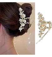 Jasmine Flower Claw Clips for Women Metal Non-Slip Flower Claw Clip With Rhinestones Pearl Tassel...