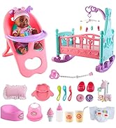 deAO Black Baby Doll Set with Crib American Baby Doll Set Mobile High Chair Stroller Feeding Acce...