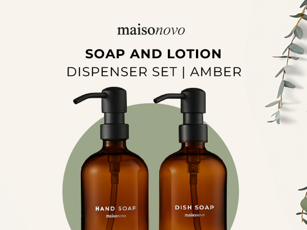Text reads 'maisonoyo SOAP AND LOTION DISPENSER SET | AMBER'. Two amber glass bottles with black pump dispensers labeled 'HAND SOAP' and 'DISH SOAP' displayed against green circular background with decorative botanical elements.