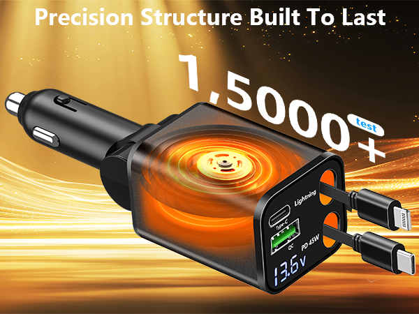MFi Certified 4 in 1 Retractable Car Charger 120W USB C Car Charger Cigarette Lighter Adapter