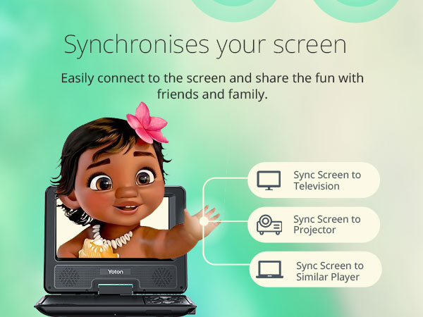 Screen synchronization feature for a device, allowing connection to TV, projector, or similar player. Illustrated with cartoon character using a laptop.