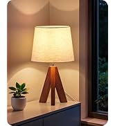 GOEBLESON Small Tripod Table Lamp, Modern Nightstand Lamp with Fabric Shade, Boho Bedside Wood De...