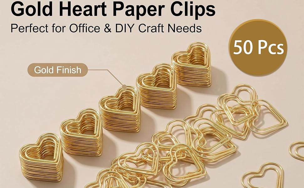 50 Pcs Gold Heart Paper Clips