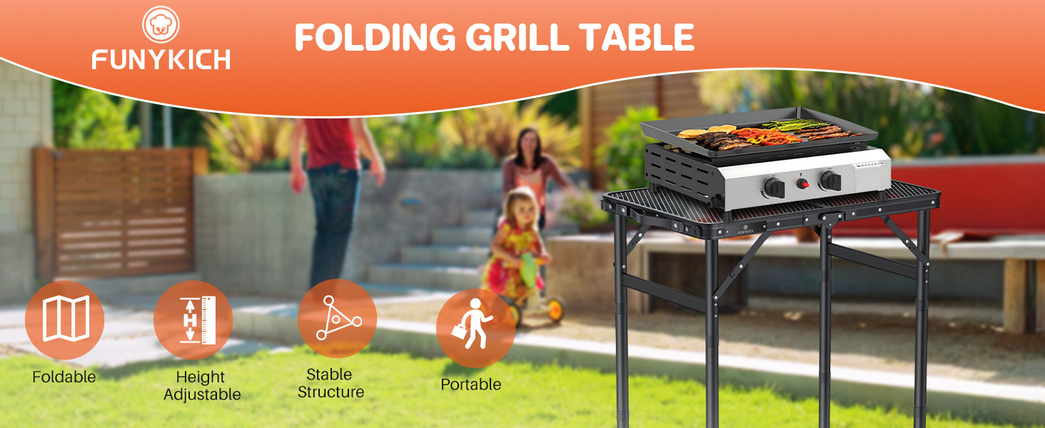 Portable folding grill table with black metal frame and built-in side shelves. Features a gas grill mounted on top in an outdoor patio setting.