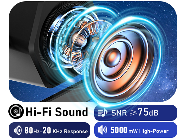 Text visible: 'Hi-Fi Sound', 'SNR =75dB', '80Hz-20 kHz Response', '5000 mW High-Power'. Audio equipment promotional image with blue glowing effects and technical specifications.