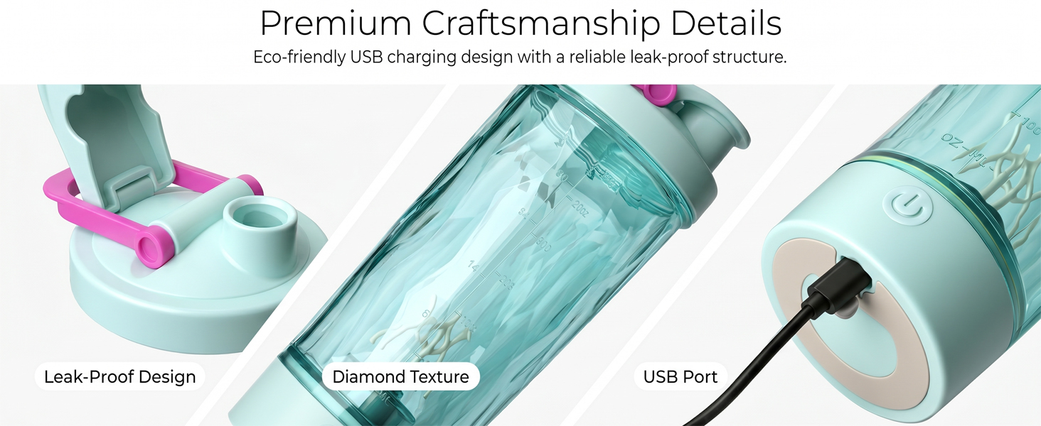 Close-up of shaker bottle lid, diamond-textured cup, USB port, and auto-stirring base.