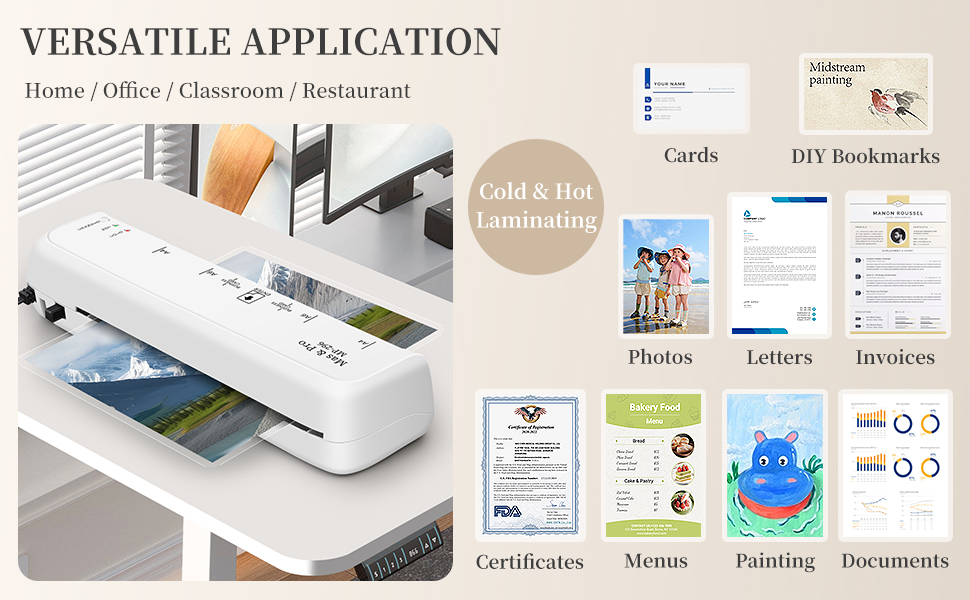 Laminator with hot and cold modes showing ID to A4 sizes, uses for home, office, school, restaurant