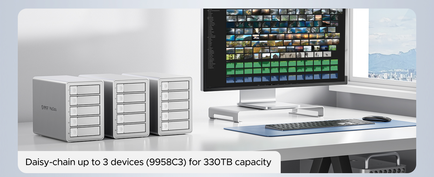 Multi-bay storage system with daisy-chain capability supporting up to 3 devices for 330TB capacity, shown with computer monitor setup.