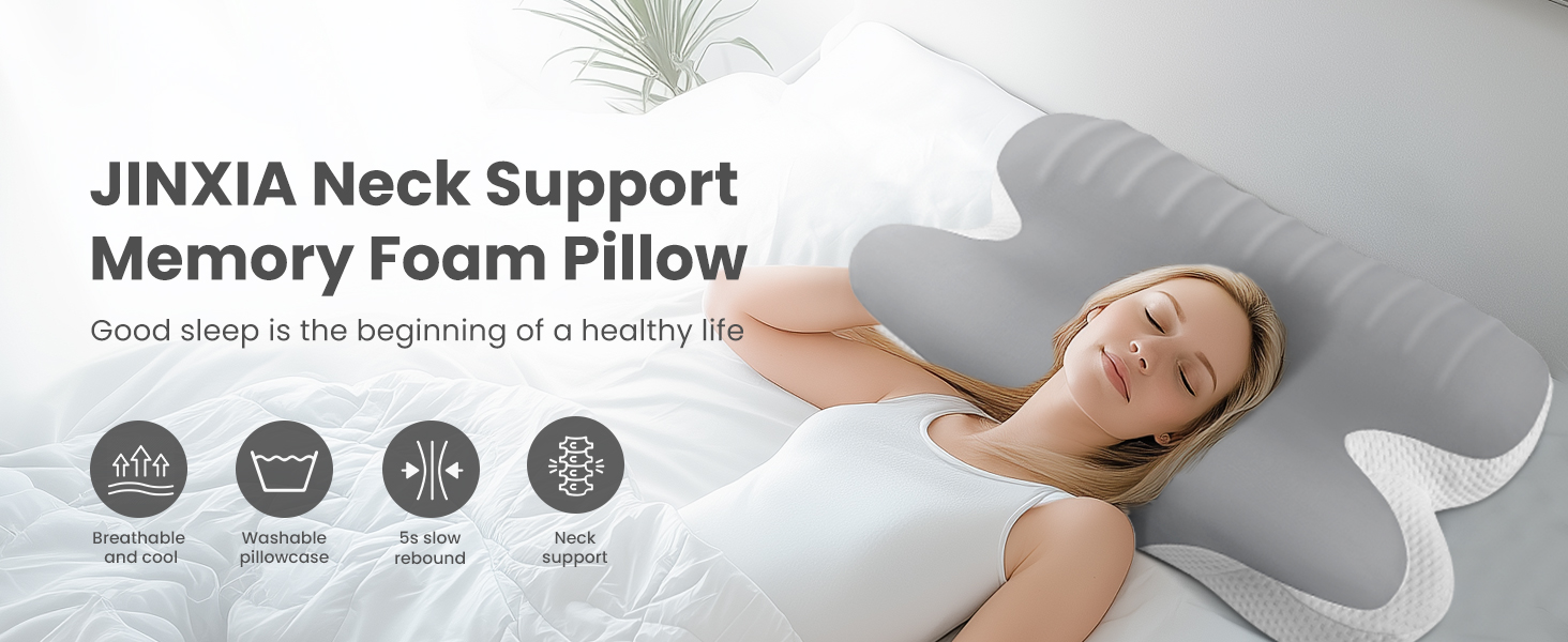Memory foam pillow with curved shape for neck support. Woman sleeping on pillow. Icons show features: adjustable height, washable cover, ergonomic design, and pressure relief.