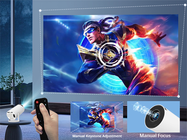 Portable projector displaying vibrant action image. Features manual keystone adjustment and focus. Remote control shown. Device projects onto large wall or screen.