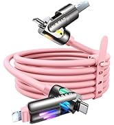 LISEN Pink iPhone Charger Cable, 240W Chubby USB C, 4 in 1 Charging Cable (6.6FT) with Light, USB...