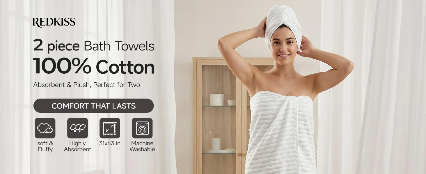 Large White Bath Towel Set of 2
