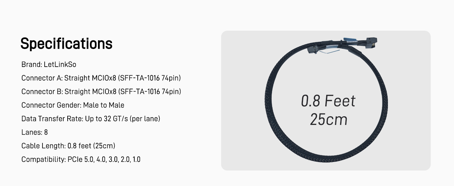 LetLinkSo Gen5 PCIe 5.0 MCIO 8i to MCIO x8 Extension Cable Straight Male SFF-TA-1016 74pin