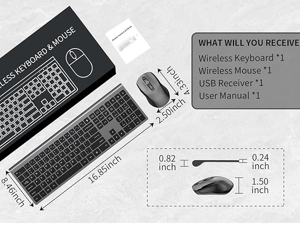 Size and packaging diagram of wireless keyboard and mouse