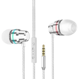 In-ear headphones with white earbuds, clear cable, and inline remote. Colorful rings on earbuds and gold-plated 3.5mm jack visible.