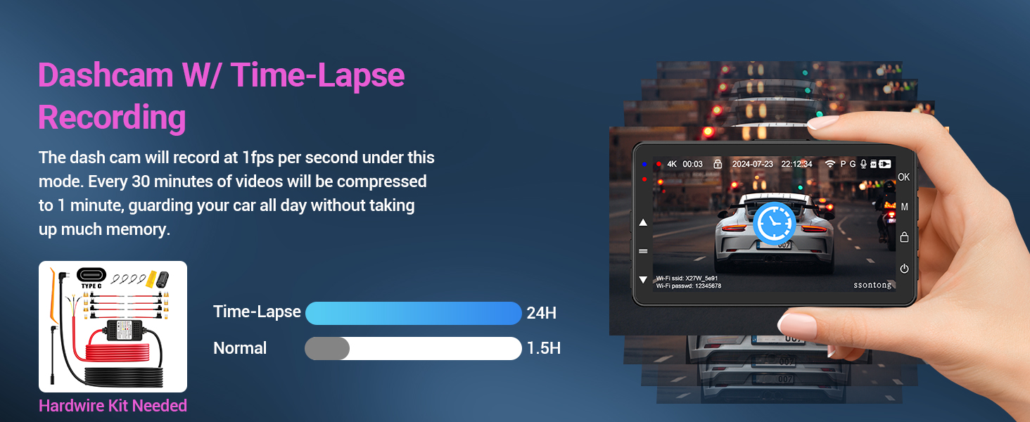 Dashboard camera interface showing time-lapse recording feature with timeline slider and digital display screen.