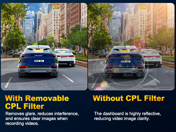 Side-by-side comparison of a city street view with and without a CPL filter. Left image shows clearer details, while right image has more glare and reflections on car surfaces.