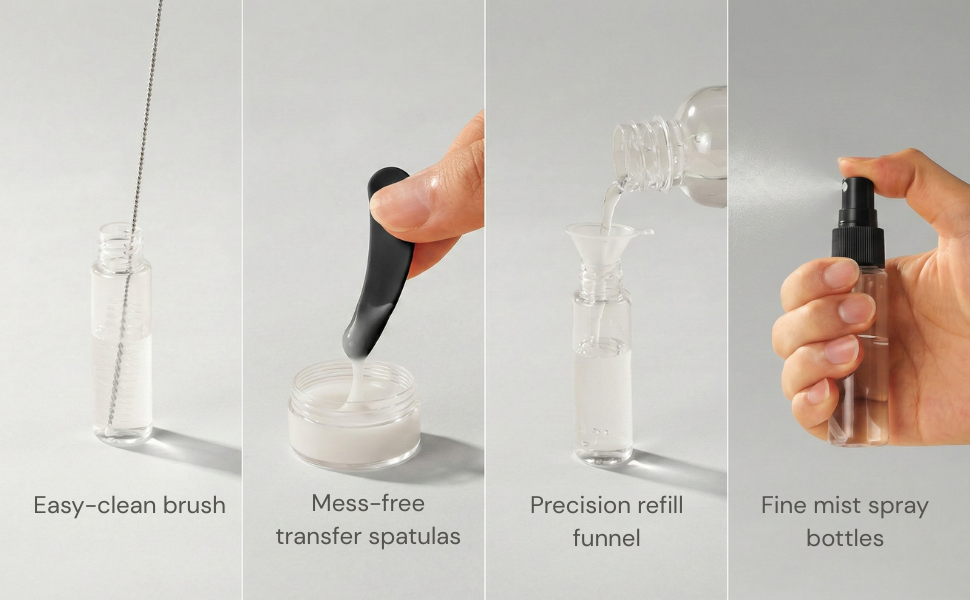 Text reads 'Easy-clean brush', 'Mess-free transfer spatulas', 'Precision refill funnel', 'Fine mist spray bottles'. Product features demonstration showing various cleaning and transfer tools.