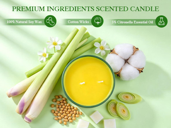 Premium ingredients scented candle. Made of soy wax, cotton wicks and 5% citronella essential oil.