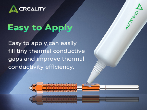 Creality thermal compound applicator with white dispenser tip shown applying product to copper-colored heating element, highlighting easy application feature.