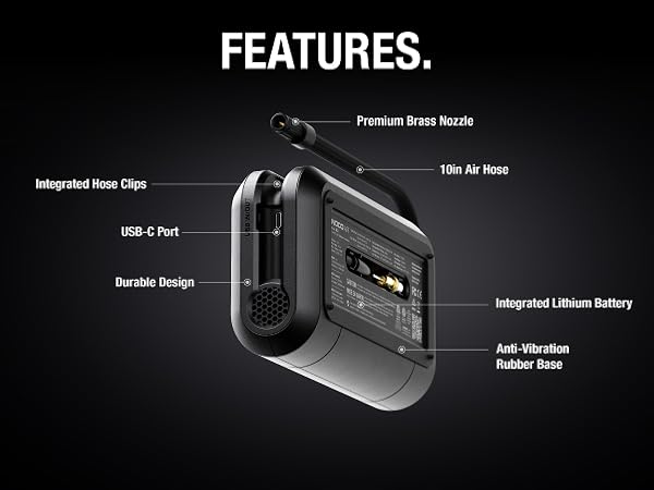 lithium powered air compressor featuring premium inflation hose usb-c rechargeable durable design