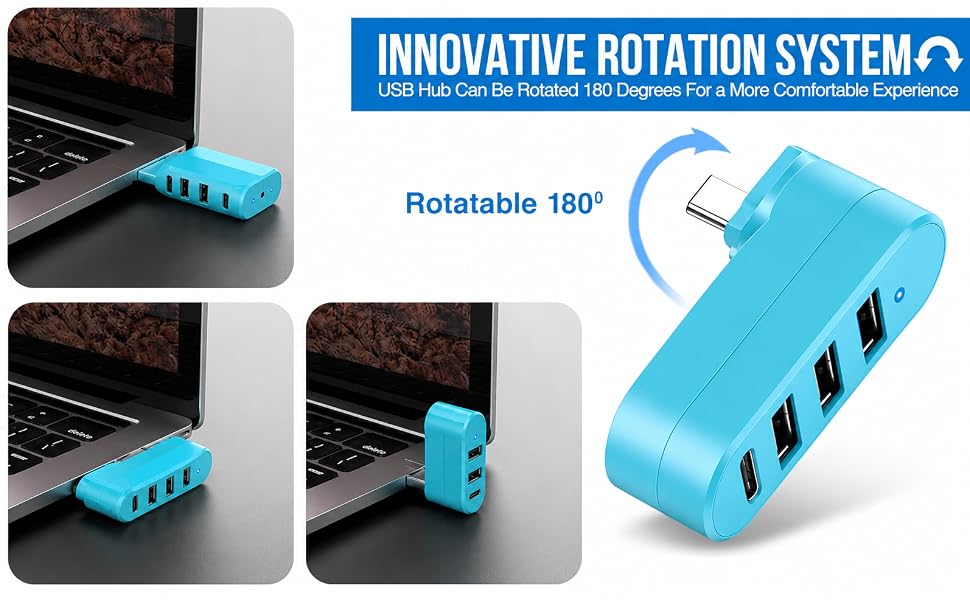 4-Port USB C Hub [90°/180° Degree Rotatable], USB C Adapter Splitter USB Extender Blue