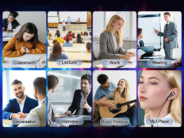 Composite of eight images showing different scenarios: classroom, lecture,meeting, interview.