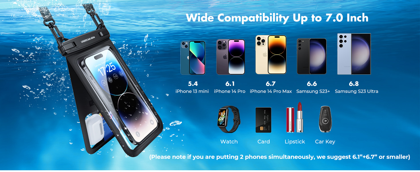 This waterproof bag is double capacity design, it can hold phones watch, headphones and more