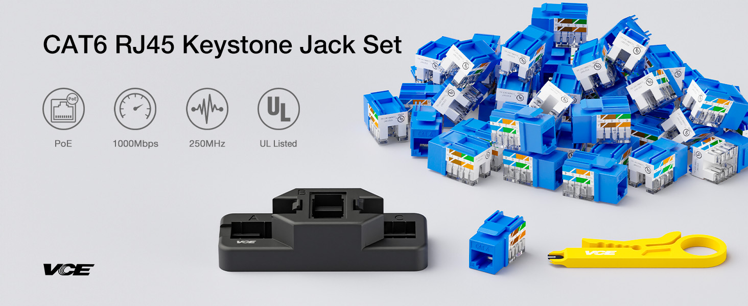UL-listed cat6 keystone jacks 50 pack with punch down stand tool and wire stripper cutter
