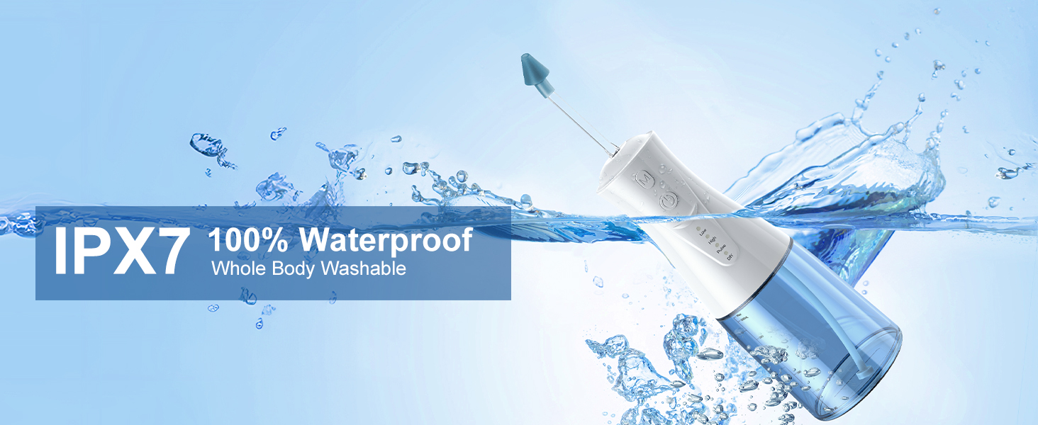 IPX7 waterproof electric toothbrush shown in splashing water demonstration, with blue overlay text highlighting its 100% waterproof feature.