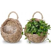 DOITOOL 2 Pcs Hanging Wicker Baskets for Wall, Semi Circular Rattan Hanging Planter Woven Flat Ba...