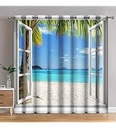 Jekeno Ocean Beach Palm Trees Blackout Curtains Summer Tropical Island Decor Seaside White Wooden...