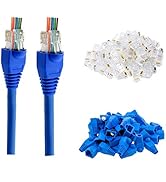 RJ45 Cat6 Pass Through Connectors Gold Plated 8P8C Ends and Blue Strain Relief Boots for CAT6 RJ4...