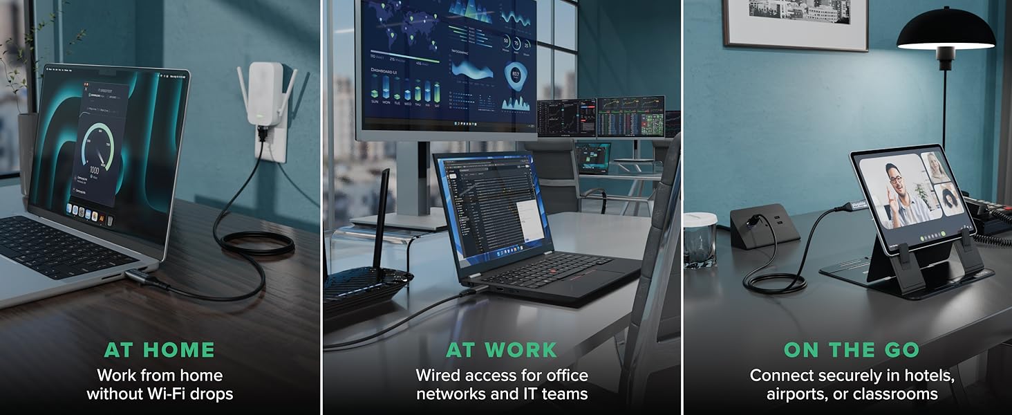 USB-C to Ethernet adapter plugged into a laptop for fast wired internet at home, work, or on the go