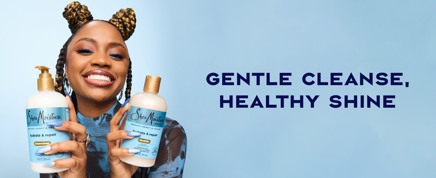 Image of a black woman with braided hair next to text: &amp;#34;gentle cleanse, healthy shine&amp;#34;.