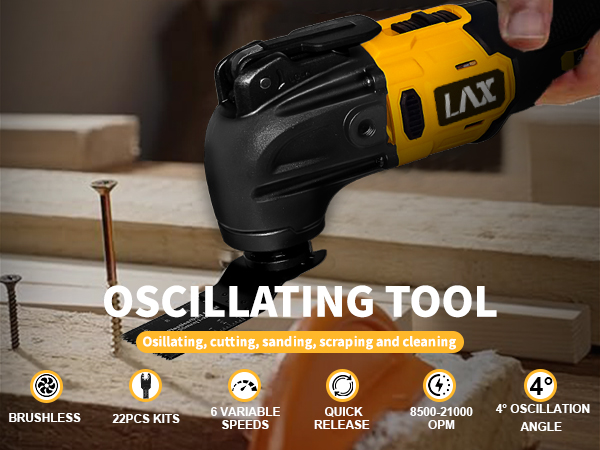 Yellow and black oscillating power tool with multiple speed settings, quick release feature, and 4° oscillation angle. Shown in use on wood surface with visible nails.