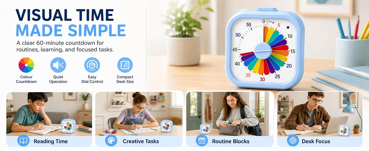 Visual Timer for Kids, 60-Minute Rainbow Countdown Clock, Silent Non-Ticking Desk Timer for Homework