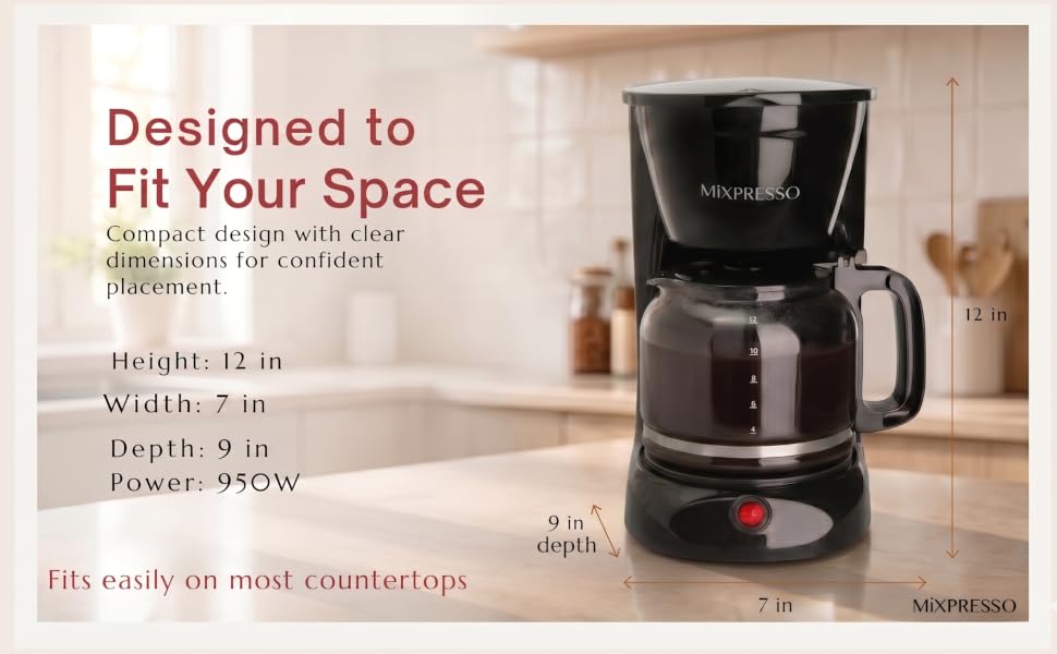 Compact Mixpresso coffee maker with dimensions, fits most countertops