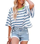 Dokotoo Tops for Women Striped 2026 Fashion T Shirts for Women Color Block Crewneck Design Loose ...