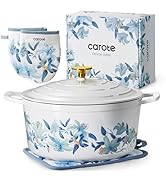 CAROTE 7QT Cast Iron Dutch Oven Pot with Lid, Enameled Floral Dutch Ovens with Cotton Potholders ...
