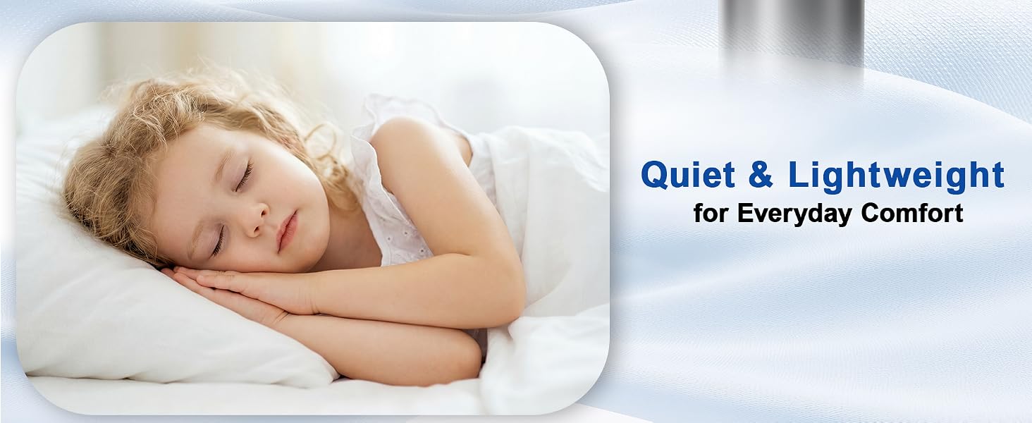 Text reads "Quiet &amp; Lightweight for Everyday Comfort". Woman sleeping peacefully on white pillow, demonstrating comfort and support product.