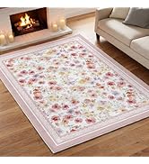 Artoid Mode Pink Watercolor Flower Spring Area Rug, Summer Home Decor Low-Profile Non-Slip Washab...