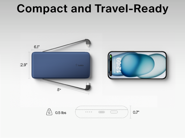 Image of power bank charger measurements with text reading compact and travel ready.