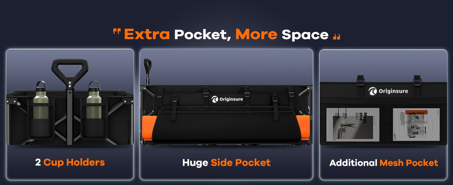 Huge side bags, side mesh bags and 2-cup brackets provide ample storage space